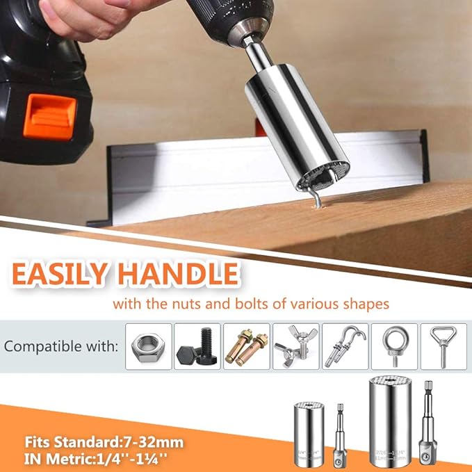 Universal Socket Wrench Set (11-32mm 7-19mm) Professional Sockets Tools Multi-function Wrench Repair Tool Kit with 3/8 inch Ratchet Wrench & Power Drill Adapter Chrome Vanadium Steel