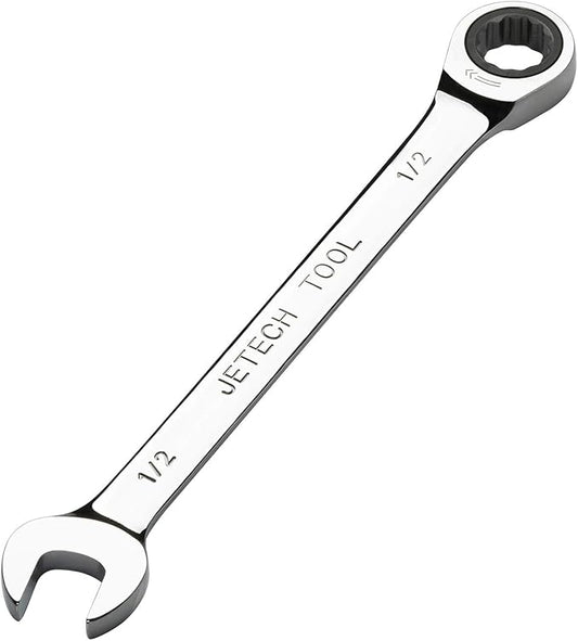 Jetech 1/2 inch Ratcheting Combination Wrench, Industrial Grade Gear Spanner with 12-Point Design, 72-Tooth Ratchet, Forged and Heat-Treated Cr-V Steel, SAE