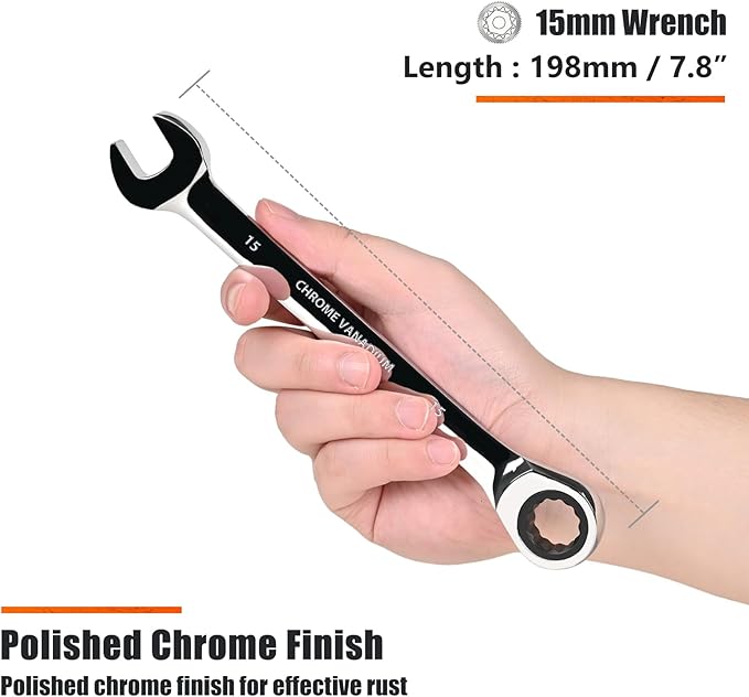 Egofine 15mm Ratcheting Combination Wrench Metric, Industrial Grade Gear Spanner with 12-Point Design, 72-Tooth Ratchet, Chrome Vanadium Steel