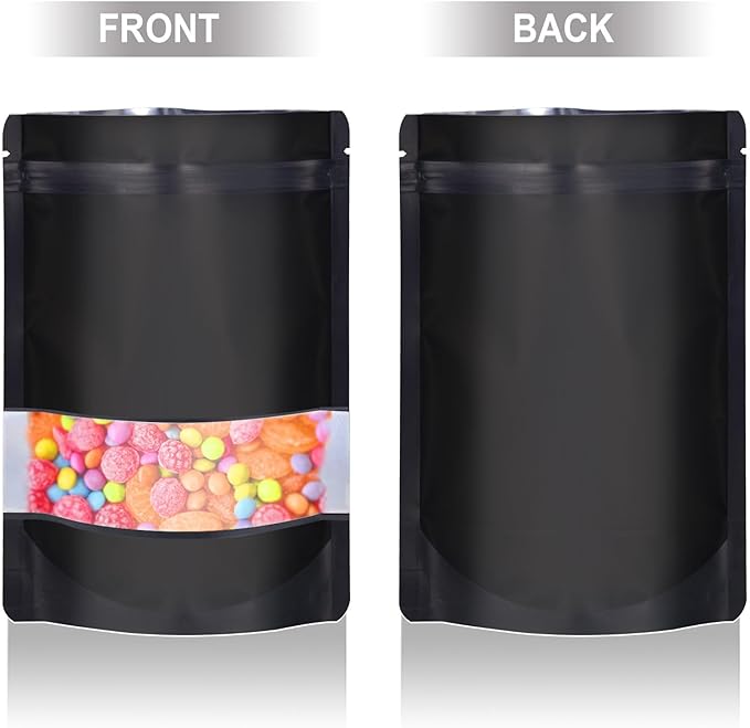 7.1"x10.2" 1 Quart 120pcs Mylar Bags for Food Storage,Smell Proof Bag with Matte Window Resealable Food Storage Bags for Small Business, Stand-up Foil Pouch Packaging Freeze Dried Candy Bag（Black）