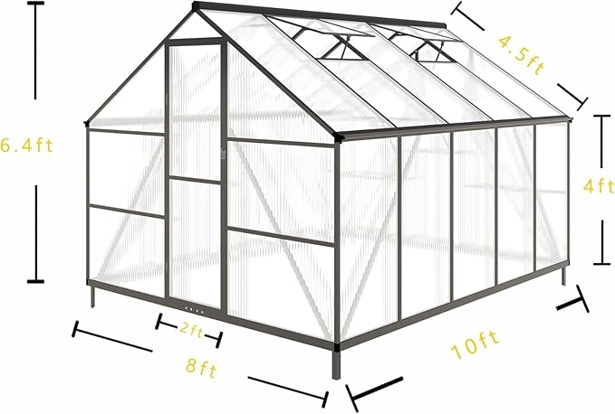 CQZY 8x10 FT Greenhouse for Outdoors, Polycarbonate Greenhouse with Quick Setup Structure and Roof Vent, Aluminum Large Walk-in Green House for Outside Garden Backyard,Dark Gray