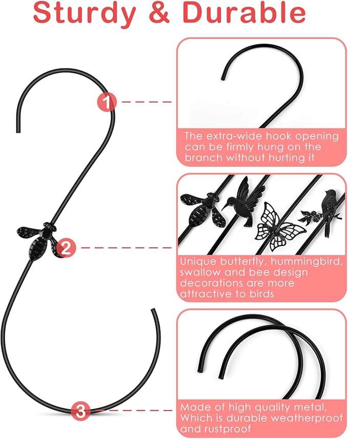 PACETAP Bird Feeders Hanger 12-Inch, 4PCS Metal Hummingbird Feeder Hooks, Heavy Duty Plant Hangers Outdoor for Hanging Plants, Wind Chimes, Christmas Ornaments and More (Black)