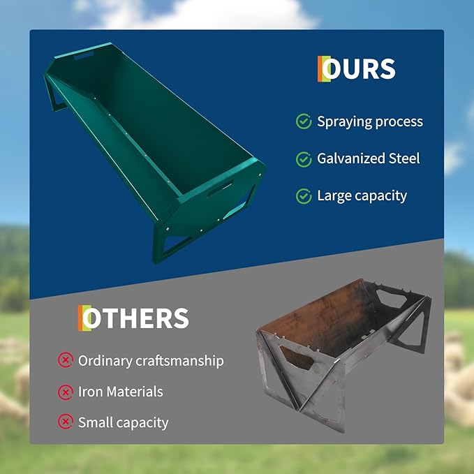 GarveeLife Livestock Feeding Trough, Heavy Duty Steel Livestock Trough for 10 Sheep Once, 22 Gallon Capacity 45.13" Hay Feeder for Horse, Goat, Sheep, Cattle, Cow, Alpaca, Dark Green