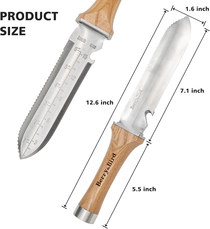 Berry&Bird Hori Hori Garden Knife, Multi-Purpose Gardening Knifes with 7" Stainless Steel Double Edge Sharp Blade, Soil Knife with Canvas Sheath, Full-Tang Garden Tools for Weeding Planting Digging