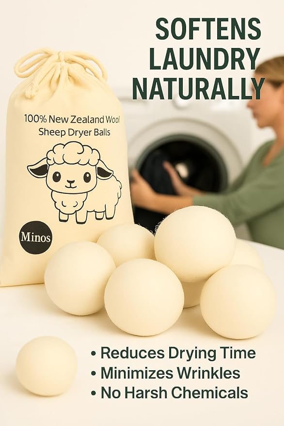 Natural Wool Dryer Balls | Reusable Natural Fabric Softener | Reduces Wrinkles & Drying Time | Large Dryer Balls is a Better Alternative to Plastic Balls and Liquid Softener| Saves Energy (Pack of 6)