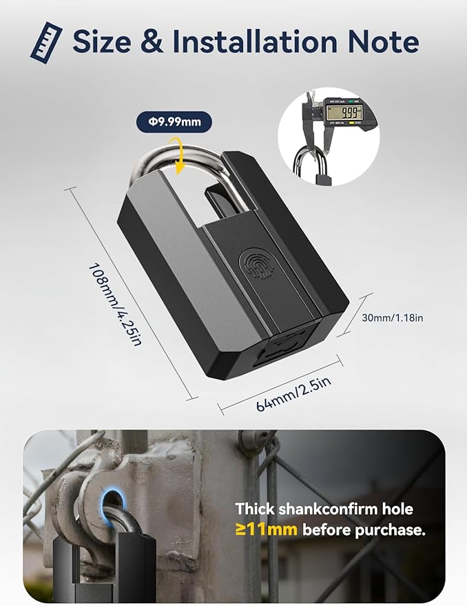 NexusLab Heavy Duty Fingerprint Padlock, Gate Locks for Outdoor Fence with Key, Rechargeable, 1-Year Standby, IP67 Waterproof, 50 Fingerprints,Ideal for Fence, Shed, Pool, Gate & Warehouse Security