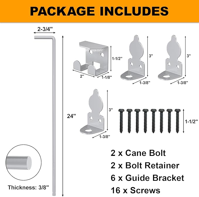 24" Cane Bolt Drop Rod for Gate, Heavy Duty Gate Latch for Wooden Fence Metal Gates, Gate Ground Stopper Hardware for Wood PVC Vinyl Metal Gates, 2 Pack Silver