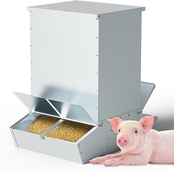 4 Door Hog Feeder, 9 Bushels Pig Feeder, Heavy Duty Galvanized Steel Piglet Creep Feeder, Outdoor Livestock Feeder Farm Accessory for 20 Full Grown Hogs and Pigs, Silver