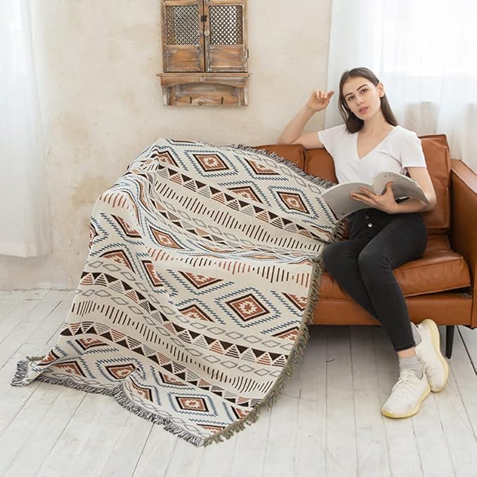 Lqprom Boho Throw Blankets Knit Bed Blankets with Tassel Aztec Western Throws Cover Christmas Decor for All Season Sofa Couch Chair Outdoor Camping Picnic Tent Beach Car Traveling 51"x63"