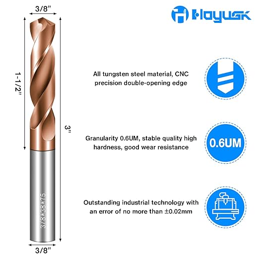 Solid Carbide 3/8" Drill Bits, Tungsten Carbide Drill Bit Set with TISIN Coated, Metal Drill Bit Set for Stainless Steel Hardened Steel Cast Iron Alloy Copper, 1 Pcs