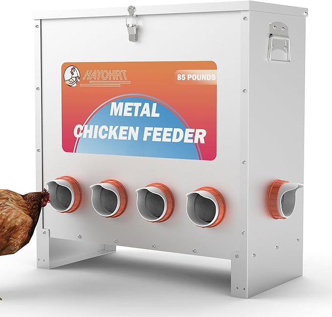 85-120LBS Capacity Chicken Feeder No Waste 10-Ports Automatic Large Poultry Feeder with Latch & Handle for Chickens Bantams Pheasants Poultry Coop Weatherproof