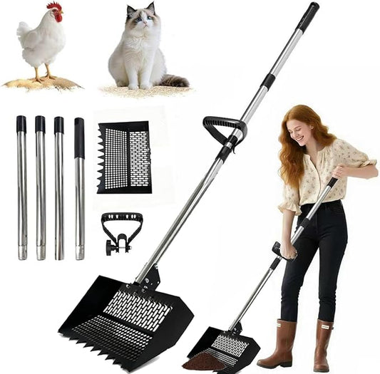 Chicken Poop Scooper and Rake 2-in-1 12” Wide Metal Coop Scoop for Sand Sifting Shovel with 22" to 62” Adjustable Stainless Steel Handle Cleaning Tools for Chicken Coops & Farm Animals Scoop
