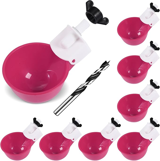 Chicken Waterer Cups (8 Pack/Purplish Red) - DIY Automatic Large Chicken Water Feeder for Ducks,Chicks, Turkeys, Quail, Bunny, Bird and Other Various Poultry Dispenser with Matching Drill