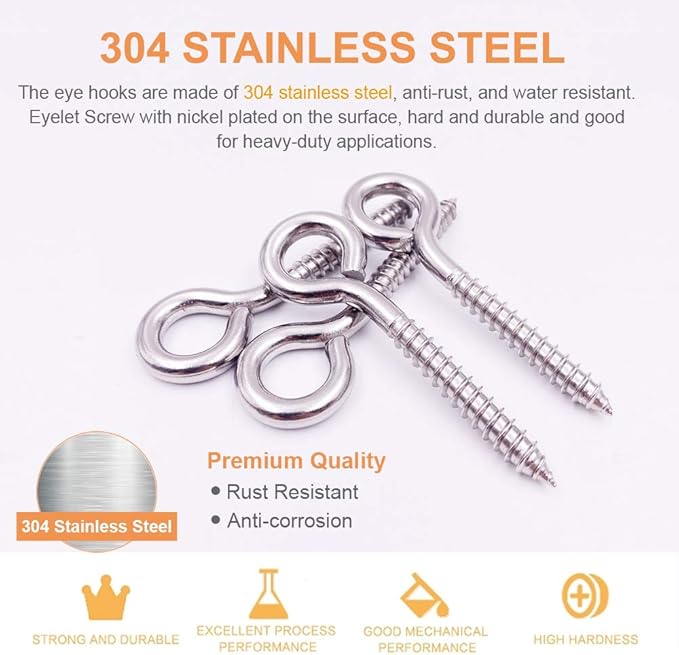 Pack of 12 M6 Metal Hooks, heavy-duty304 Stainless Steel Screw Hooks, self-Tapping Eye-Ring Bolt Hooks, Hole Hooks, Strong Indoor and Outdooreye Hooks