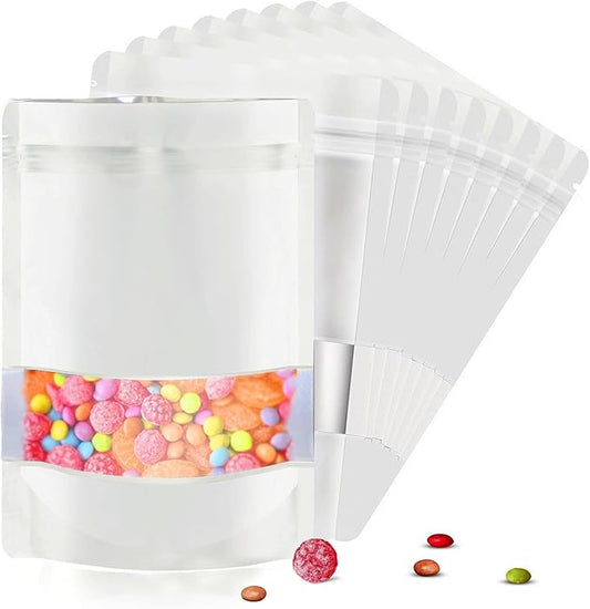 5.9"x8.6" 120pcs Mylar Bags for Food Storage,Smell Proof Bag with Matte Window Resealable Food Storage Bags for Small Business, Stand-up Foil Pouch Packaging Freeze Dried Candy Bag（White）