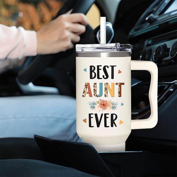Mothers Day, Christmas, Birthday, Gift for Auntie, Aunts - Gifts for Aunt, Auntie - Aunt Gifts from Niece, Nephew - Gift for New Aunts - 40oz Tumbler With Handle & Straw