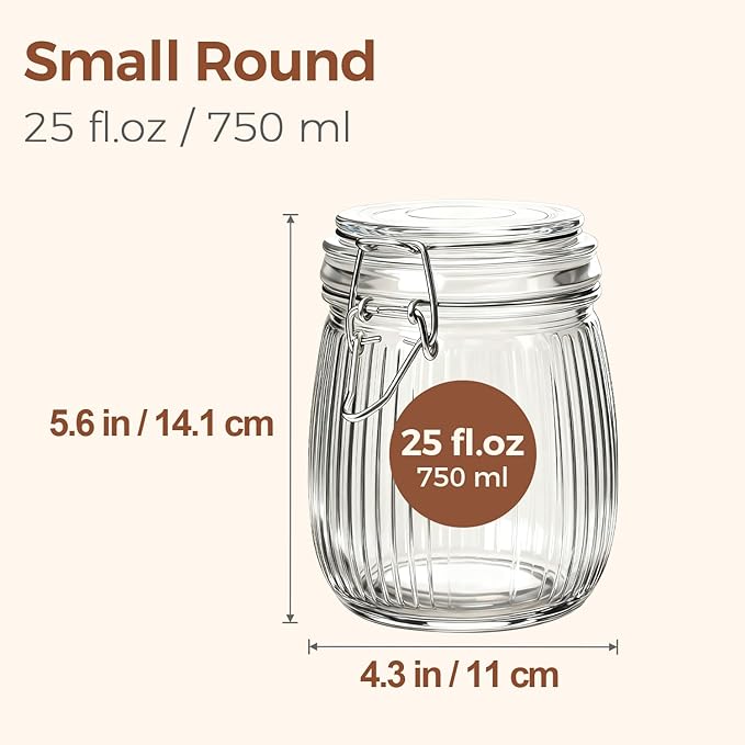 ComSaf Airtight Glass jar with lid 25oz Set of 6, Glass Storage Containers with Lids, Glass Canister, Mason Jars, Striped Clip Fastening Jar for Kitchen Canning, Oat, Coffee, Pasta, Snack, Nut, Candy