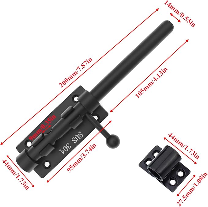 8in Slide Bolt Gate Latch 304 Stainless Steel Barrel Bolt Latch Heavy Duty Door Security Lock Thickened Door Latches Hardware with Mounting Screws for Barn Fence Shed Basement