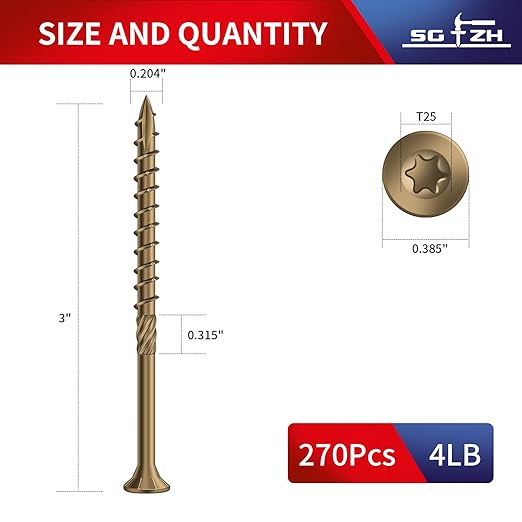 #10 x 3 Inch Deck Screws (270Pcs) 4lb. Carbon Steel, Yellow, Flat Head, Rust Resistant epoxy Coated, with T25 Star Bit