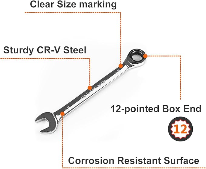 Egofine 1/4 inch Ratcheting Combination Wrench SAE, Industrial Grade Gear Spanner with 12-Point Design, 72-Tooth Ratchet, Chrome Vanadium Steel