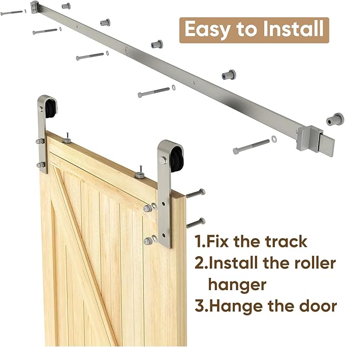 JUBEST 6.6FT Brushed Nickel Sliding Barn Door Hardware Kit Smoothly and Quietly J Shape Hanger Roller Flat Track Kit,Heavy Duty Nickle Barn Door Track,Easy to Install