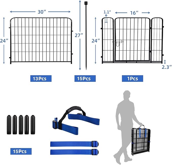 ADAVIN 24 in(H) Garden Fence with Gate, 14 Panels Heavy Duty Iron Metal Animal Barrier Fence, Camping Fence, Garden Fences and Borders for Dogs,Total 34.5 Ft(L), Black