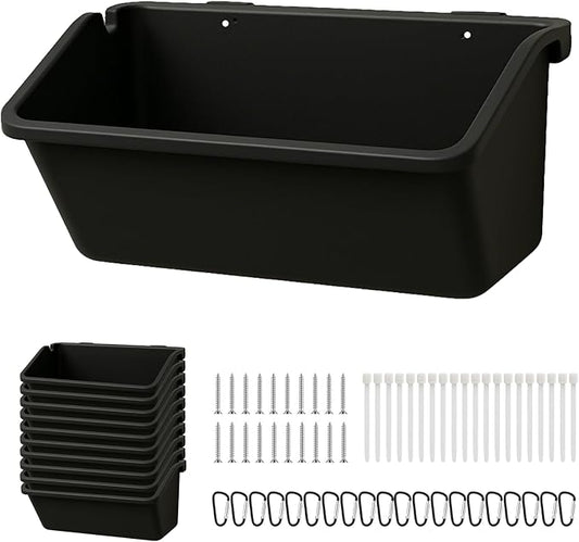 10 Pack Hanging Goat Feeder & Duck Feed Trough, 5 Qt Fence Mounted Livestock Manger – Heavy Duty Plastic Mineral Bucket & Waterer for Sheep, Piglets, Deer & Poultry.
