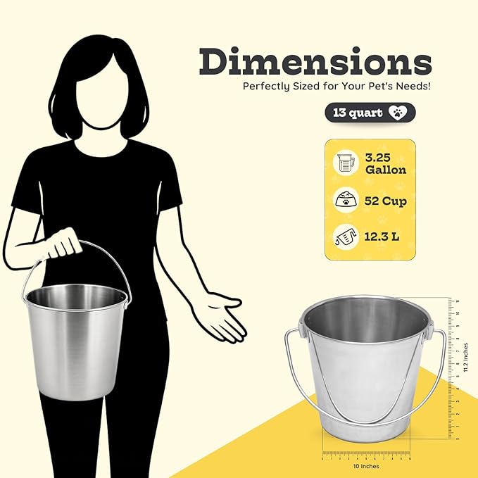 13 quart Heavy Duty Stainless Steel Round Bucket with Handle | 3.25 gal Sturdy Food & Water for XXL Dogs Goats sheep Horse & Livestock | Fits kennel Crate Cage Farm | Hanging Utility Pail