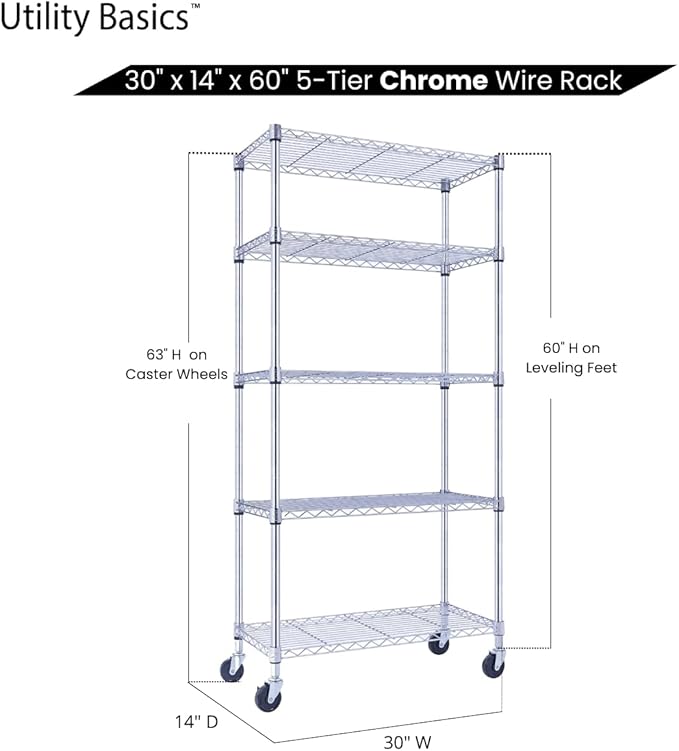 5-Tier Wire Shelving with Wheels, 30"x14"x60" Heavy Duty Metal Shelves 1750 lbs Max Capacity, Chrome Storage Rack for Garage Kitchen Pantry