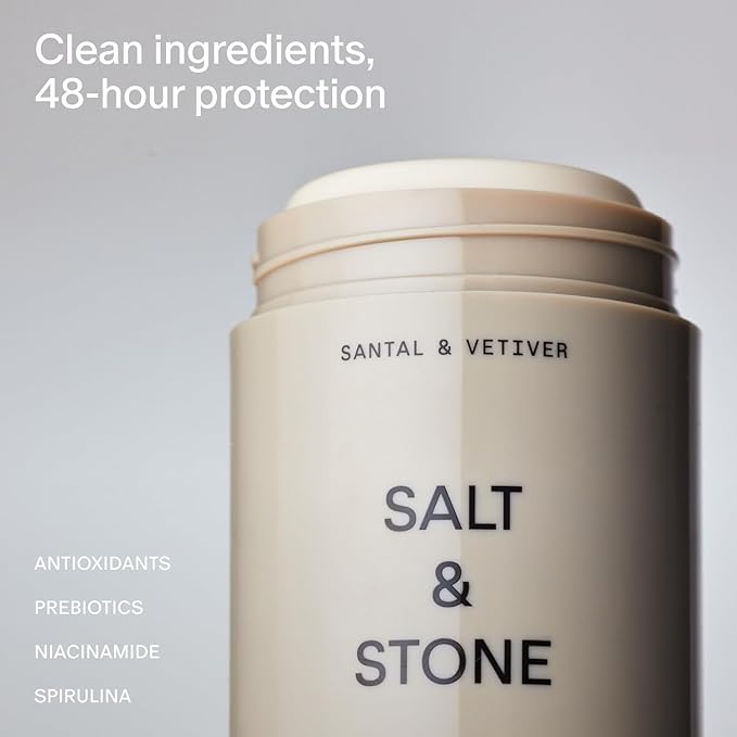 SALT & STONE Aluminum Free Deodorant | Extra Strength 48 Hour Protection for Women & Men | Made with Seaweed Extracts, Niacinamide & Prebiotics (Santal & Vetiver)