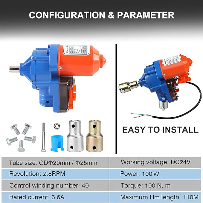 UYGALAXY 100W Greenhouse Film Roll Up Motor with Limit Switch, Waterproof Electric Greenhouse Film Curtain Roller Frame Shed DC 24V 2.8RPM for Greenhouse Ventilation, Automatic Venting