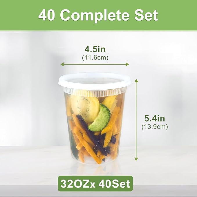 40 Sets (80-Piece) Deli Containers with Lids 32 oz, Leak-Proof & BPA Free Airtight Takeout Plastic Food Storage Containers for Soup, Freezer/Microwave/Dishwasher Safe