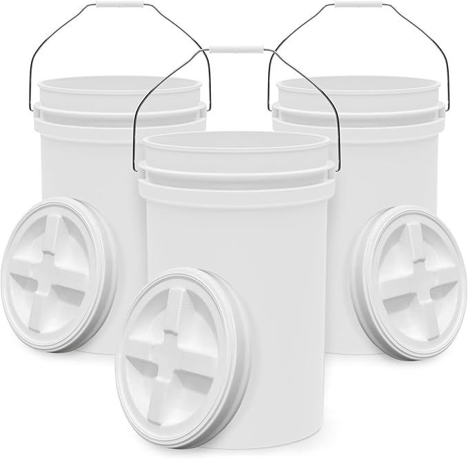 6.5-Gallon White Bucket Pail with Gamma Seal Screw on Airtight Lid, Heavy-Duty 90MIL Extra Durable, Food Grade, Metal Handles with Plastic Grip for Easy Carrying, Easy Stack & Store, BPA Free - 3 Pack
