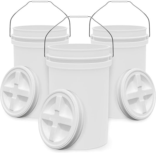 6.5-Gallon White Bucket Pail with Gamma Seal Screw on Airtight Lid, Heavy-Duty 90MIL Extra Durable, Food Grade, Metal Handles with Plastic Grip for Easy Carrying, Easy Stack & Store, BPA Free - 3 Pack