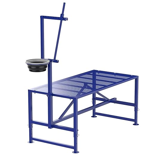 Goat Milking Stand with Feeder, Goat Stand for Trimming Hooves, with Adjustable Head Piece and Legs, Metal Blue Use for Livestock, Large Size 600 Lbs