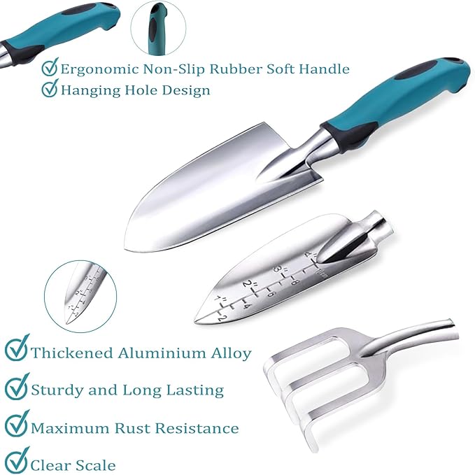 8-Piece Heavy-Duty Gardening Tools Set with Tote Bag - Rust-Proof Aluminum Gardening Hand Tools with Ergonomic Non-Slip Rubber Grips - Gardening Supplies Set Ideal Gift for Men & Women
