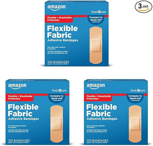 Amazon Basic Care Adhesive Bandages, Flexible Fabric, 100 Count | Pack of 3 | All-One Size | First Aid