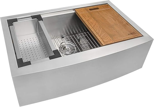 Ruvati 33-inch Apron-front Workstation Farmhouse Kitchen Sink - 16 Gauge Stainless Steel Kitchen Sink Single Bowl with Brushed Finish hides scratches - Farmhouse Workstation Sinks - RVH9200