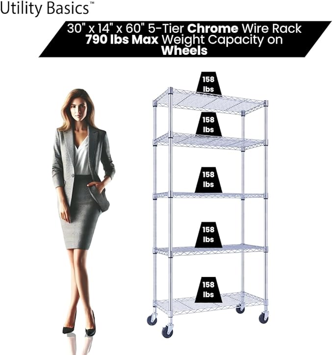 5-Tier Wire Shelving with Wheels, 30"x14"x60" Heavy Duty Metal Shelves 1750 lbs Max Capacity, Chrome Storage Rack for Garage Kitchen Pantry