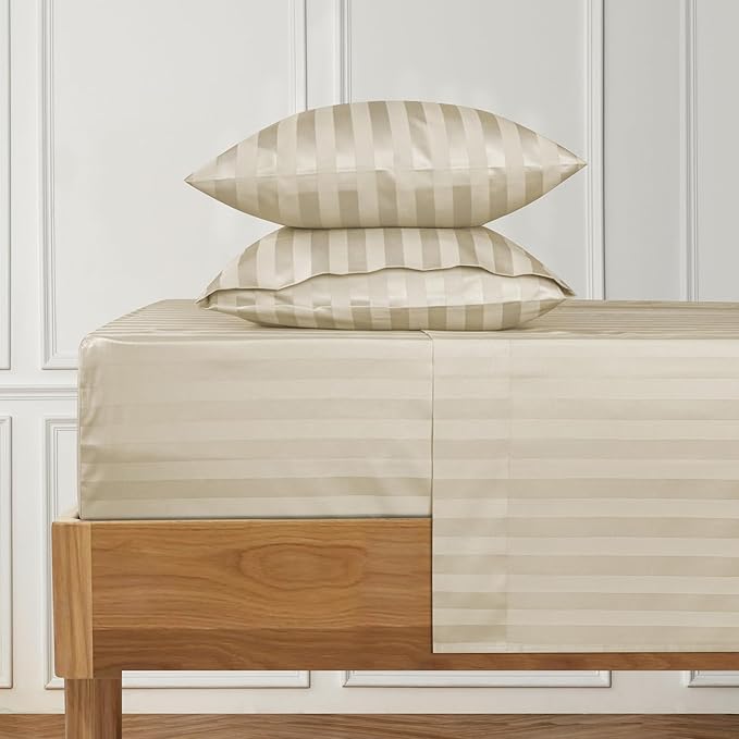 URBANHUT 1000 Thread Count Egyptian Cotton Damask Striped Full Sheets, Long Staple Soft & Breathable, 4 Pc Bed Sheet Sets, Luxury Hotel Sateen Sheets Fits 16" Deep Pocket - Ivory