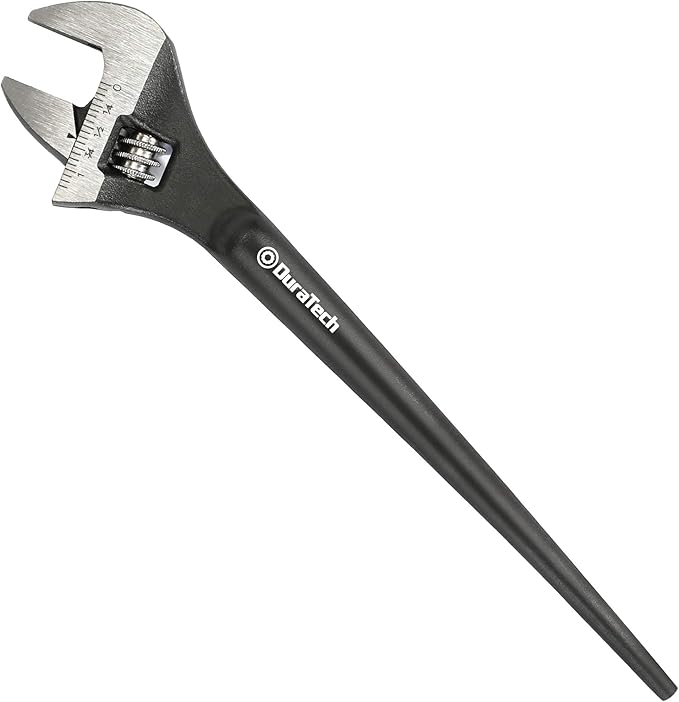 DURATECH 8-Inch Adjustable Construction Spud Wrench, Black Oxide Finish, CR-V Steel, SAE and Metric Scale Marked, Alignment Holes and Tail Crowbar Features