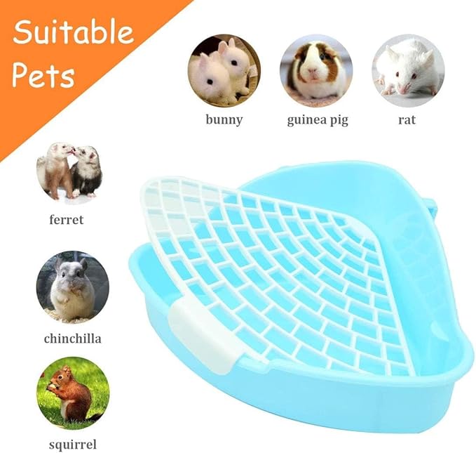 Hamiledyi Small Rabbit Litter Box for Cage Triangle Potty Trainer Corner Bunny Toilet Plastic Pet Pan Guinea Pig LitterBox for Dwarf Holland Lop Rodent (Blue)