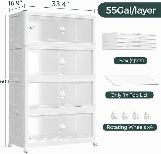 220Gal Stackable Storage Bins with Lid, 880Qt Extra Large Collapsible Storage Box with Doors and Wheels, Plastic Closet Organizer and Storage Cabinet Drawer for Home Kitchen, 4Pack White