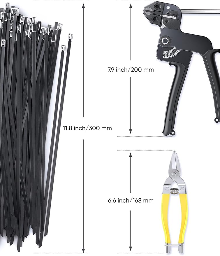 Metal Zip Ties Black,With Special Fastening And Cutting Tools,150 Pcs 11.8 Inch,Multi-Purpose Stainless Steel Cable Ties, Suitable For Agricultural Fencing, Garden Chain Link Fence Fixing, Pipe Tying.