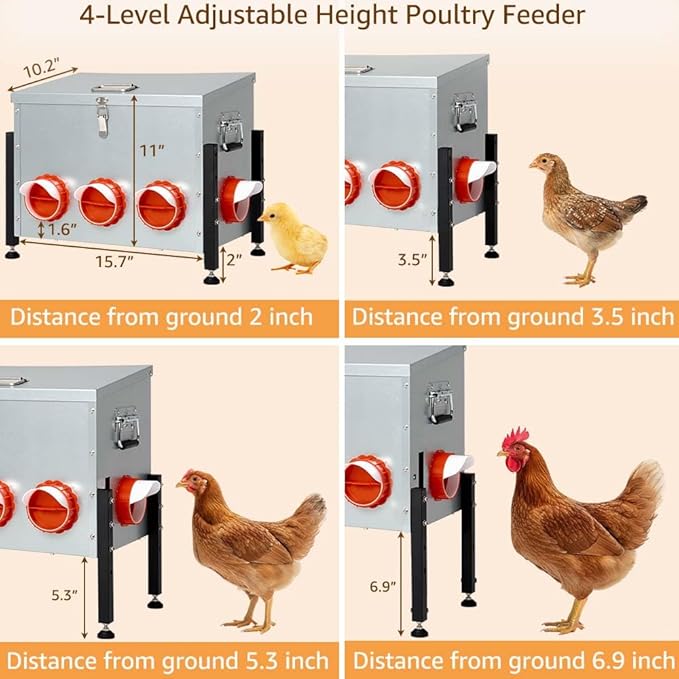 unipaws 50 LBS Automatic Chicken Feeder with 8 No-Waste Ports, 4 Height Adjustments, Weatherproof Metal Poultry Feeder with See-Through Window & Inclined Roof for Chickens & Ducks