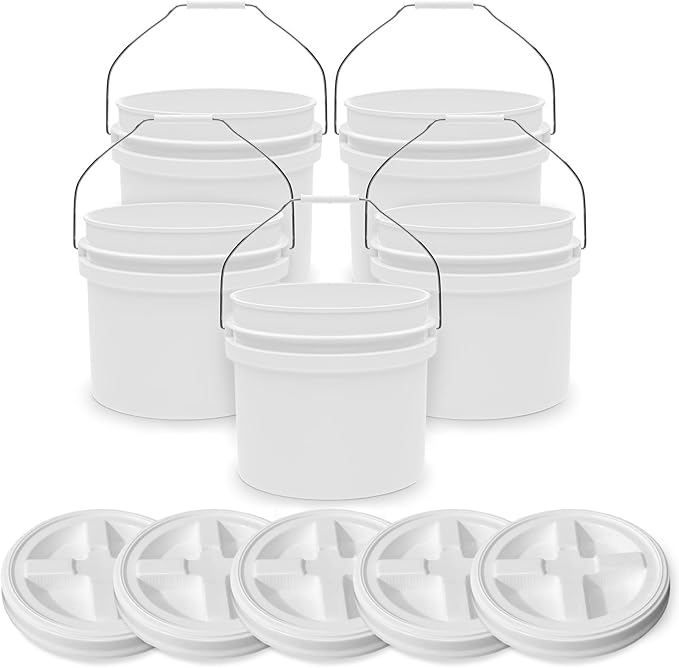 3.5-Gallon White Bucket Pail with Gamma Seal Screw on Airtight Lid, Heavy-Duty 90MIL Extra Durable, Food Grade, Metal Handles with Plastic Grip for Easy Carrying, Easy Stack & Store, BPA Free - 5 Pack