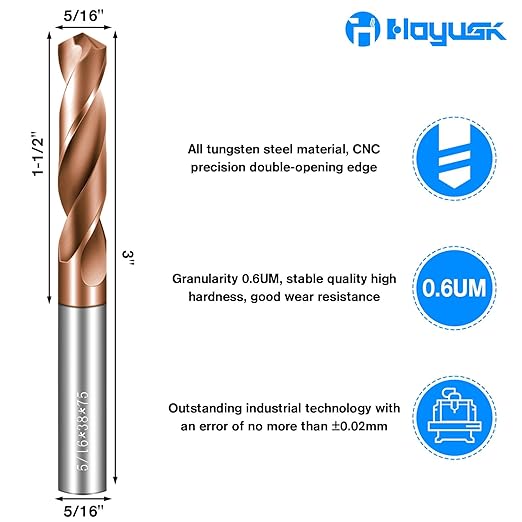 Solid Carbide 5/16" Drill Bits, Tungsten Carbide Drill Bit Set with TISIN Coated, Metal Drill Bit Set for Stainless Steel Hardened Steel Cast Iron Alloy Copper, 1 Pcs