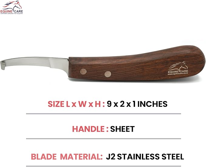 Equine Care Right-Handed Hoof Knife – Razor Sharp Short J2 Steel Blade, Professional Farrier Tool for Horse Hoof Trimming, Goats, Sheep & Livestock | Ergonomic, Rust-Resistant Wooden Handle.
