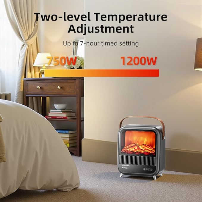 FLYMOON 11.8” Electric Fireplace Heater, Fireplace Heater with 3D Different Flame Effects, 750/1200W, Timer, Electric Fireplace Heaters with Overheating & Tip-Over Protection, Indoor Fireplace