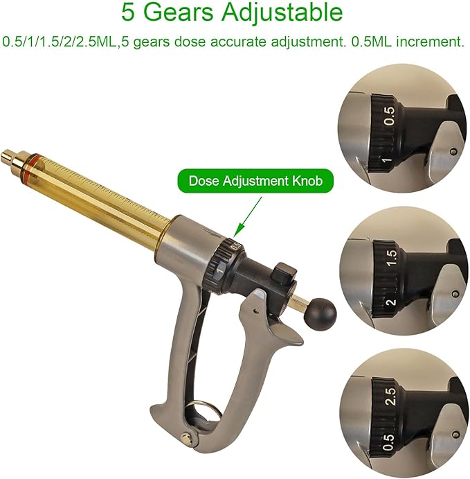 25ML Semi Automatic Livestock Syringe, 5 Gears Adjustable Continuous Repeating Syringe for Farm Ranch Cattle Cow Horse Goat Sheep Hog